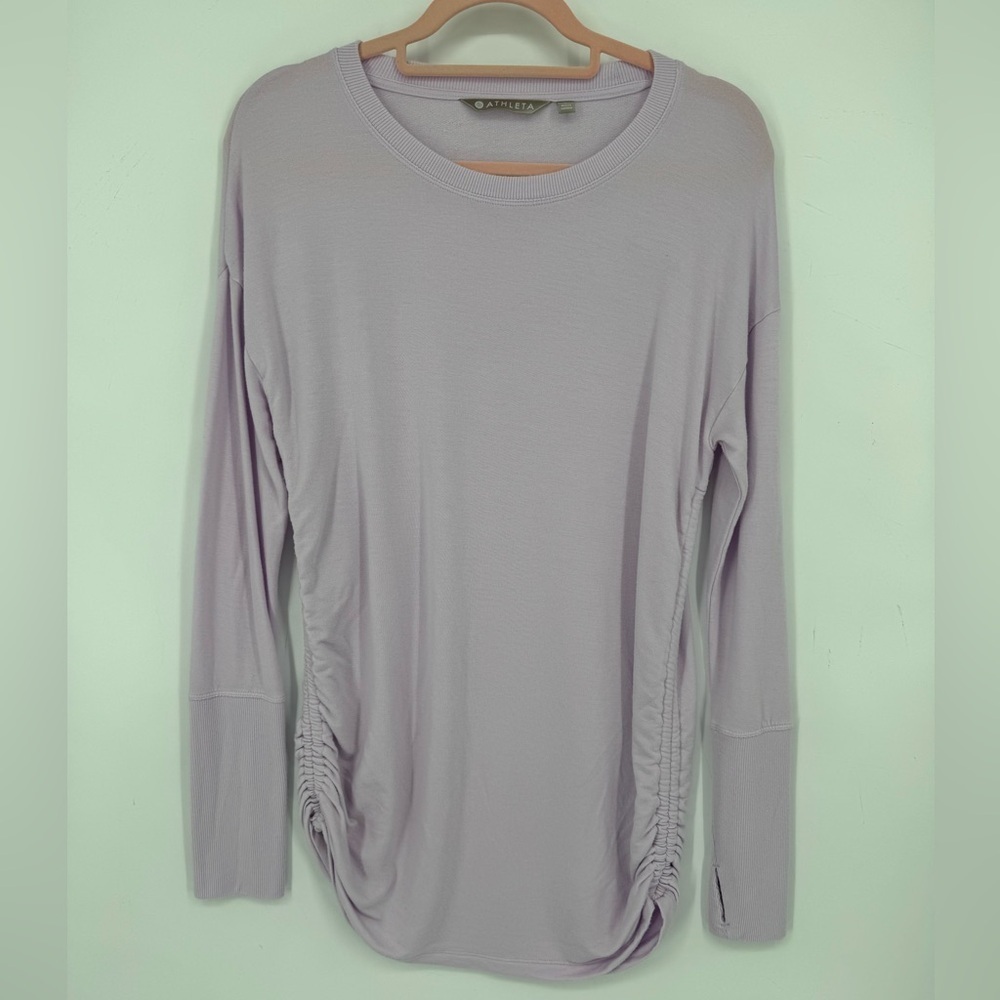 Athleta Women's Lilac Tunic Sweatshirt Thumb Holes Maternity Ruching Size Small